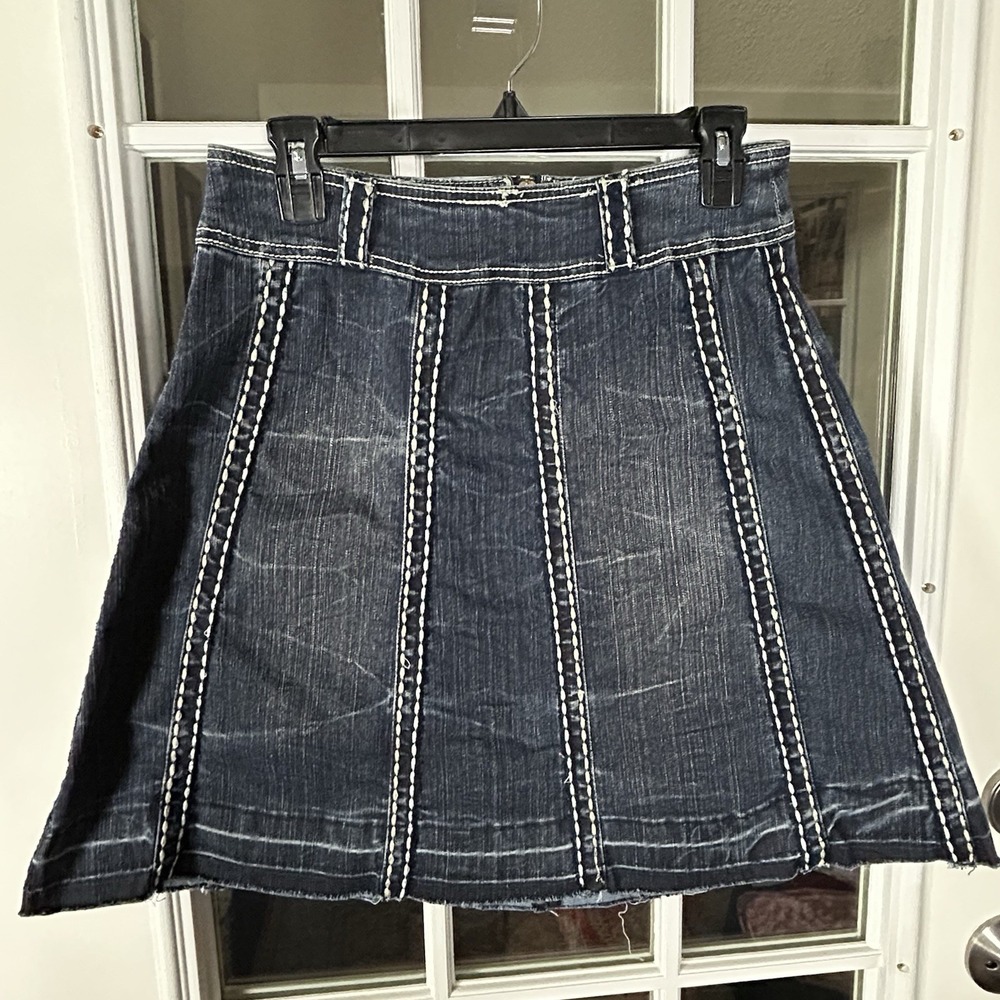 Vintage Y2K Ethyl Denim Mini‎ Skirt Raw Hem Contrast Stitching Size 6